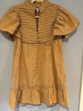 Lost + Wander Mustard Eyelet Ruffle Mini Dress, XS 100% Cotton